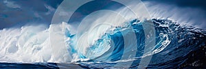 Enormous colossal ocean wave towering dramatically under a vividly clear blue sky