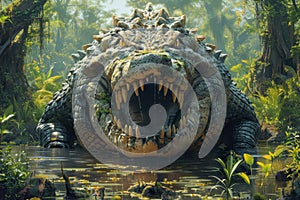 Enormous Fantasy Crocodile with Menacing Jaws Lurking in Mystical Jungle Swamp Digital Artwork