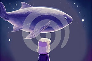 Enormous fish levitating in nocturnal heavens over small child