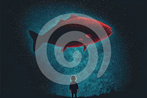 Enormous fish levitating in nocturnal heavens over small child