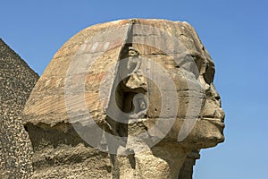 The enormous head of the Great Sphinx of Giza at Giza in Cairo, Egypt.