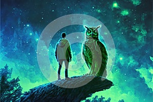 The enormous owl and its master perching on a limb in nocturnal woodland with verdant firmament