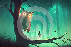The enormous owl and its master perching on a limb in nocturnal woodland with verdant firmament