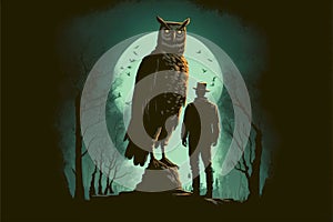 The enormous owl and its master perching on a limb in nocturnal woodland with verdant firmament