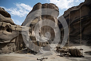 enormous rock formation with climbing ropes and gear, ready for adventure