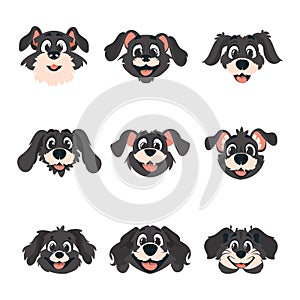 Enormous set of clever faces of mutts. Cartoon style, Vector Illustration