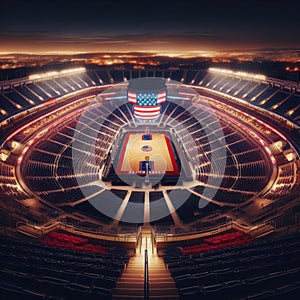 Enormous sports stadium with basketball court