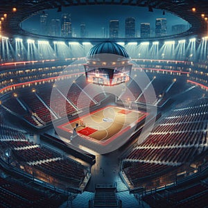 Enormous sports stadium with basketball court