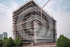 enormous structure of skyscraper, with scaffolding and construction workers visible on the exterior