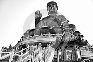 The enormous Tian Tan Buddha Big Buddha in black and white color in Hong Kong