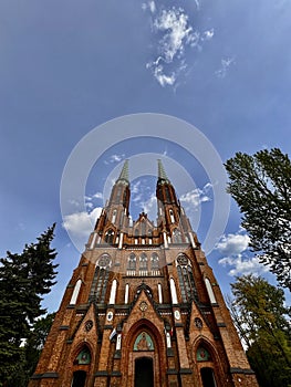 The enormous towers of Florian's Catholic Cathedral in the Praga district of Warsaw - POLAND