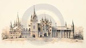 Enormous Victorian Glasgow Castle: Pencil Sketch Of Gothic Architecture