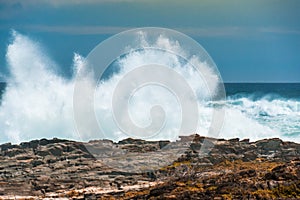 An enormous wave crashing against the rocks at Storms River Mouth, South Africa