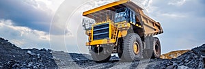 Enormous yellow coal mining truck operating in expansive open pit coal extraction area