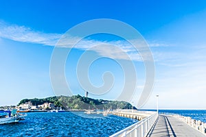 Enoshima island under blue sky in kamakura, Japan.