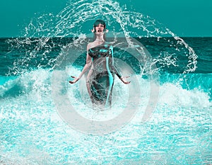 Enraged Anime Water Goddess Rising from the Ocean photo