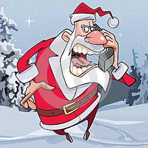 Enraged cartoon Santa Claus screaming in the phone in the woods