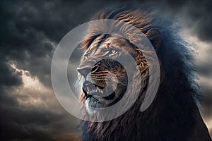 enraged dark big lion against stormy sky