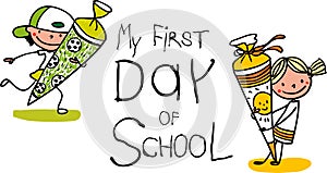 Enrollment - First Day of school - Cute first graders with school cones - colorful hand drawn cartoon