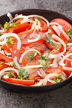 Ensalada chilena is a Chilean salad consisting of tomatoes, onions, olive oil, and coriander closeup in the plate. Vertical photo