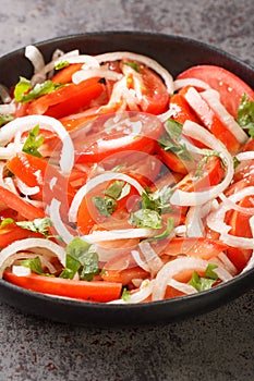 Ensalada chilena is a Chilean salad consisting of tomatoes, onions, olive oil, and coriander closeup in the plate. Vertical