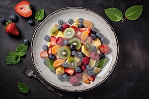 Ensalada De Frutas On White Plate, Top View. Colombian Food. Generative AI photo