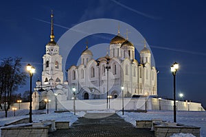 Ensemble of Assumption Cathedral Between Street Lights at Winter