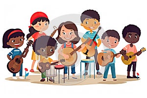 An ensemble of children play music on a white background