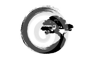 Enso Zen Circle and Bonsai Tree, hand-drawn with black ink in traditional Japanese style sumi-e, Vector logo design