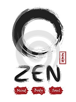 Enso zen circle . Sumi e design . Black and gray overlap color . Red stamp with calligraphic zen alphabet . White isolated backgro