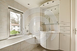 the ensuite bathroom with tub and sink and mirror