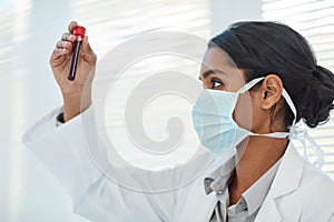 Ensuring her findings are as accurate as possible. a young female scientist examining a test tube in a lab.