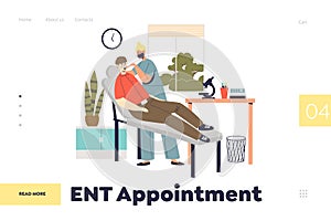 ENT appointment concept of landing page with otolaryngologist doctor checking patient throat