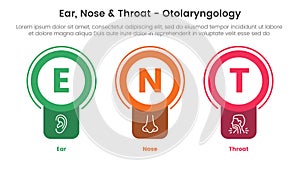 ent health treatment disease infographic 3 point stage template with badge circle banner shape for slide presentation