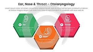 ent health treatment disease infographic 3 point stage template with big hexagonal up and down shape for slide presentation