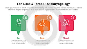 ent health treatment disease infographic 3 point stage template with callout box horizontal direction for slide presentation