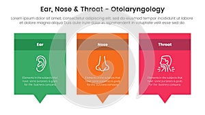 ent health treatment disease infographic 3 point stage template with rectangle box and callout comment dialog on bottom for slide