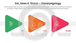 ent health treatment disease infographic 3 point stage template with triangle arrow right direction for slide presentation