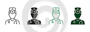 ENT Specialist. Otolaryngologist Doctor Line and Silhouette Icon Set. Ear, Nose, Throat Doctor Symbol Collection