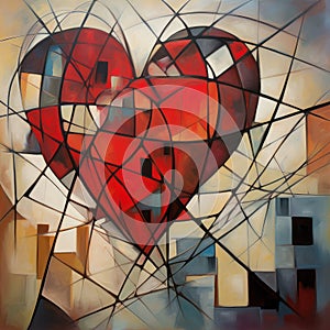 Entangled hearts in cubist abstraction. AI generation