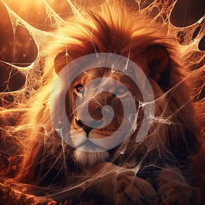 Entangled Majesty: Lion ensnared in Spider\'s Web. photo
