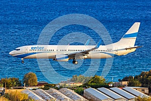 Enter Air Boeing 737-800 airplane Rhodes Airport in Greece