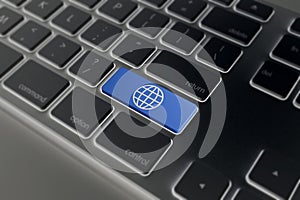 Enter button with Globe on computer keyboard background, 3D rendering