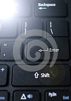 Enter button on laptop keyboard. Enter keyboard key button on a computer. Close up of Enter key of Laptop computer.