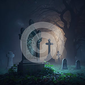 Grave in a misty forest. Halloween background. 3D rendering