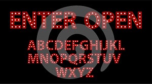 Enter open. Red letters with luminous glowing lightbulbs. Vector web typography words design. Bright signboard signage