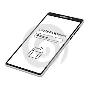 Enter password concept on mobile phone screen in isometric projection isolated on white.