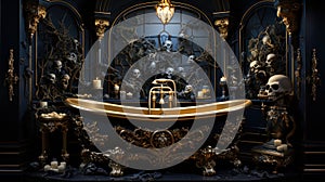 Enter the realm of tarot card-inspired art with a striking depiction of a skeleton in a bathtub. Ceated with Generative AI photo