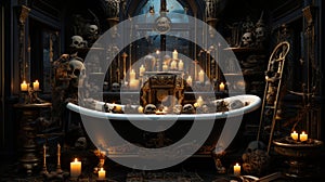 Enter the realm of tarot card-inspired art with a striking depiction of a skeleton in a bathtub. Ceated with Generative AI photo