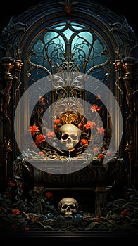 Enter the realm of tarot card-inspired art with a striking depiction of a skeleton in a bathtub. Ceated with Generative AI photo